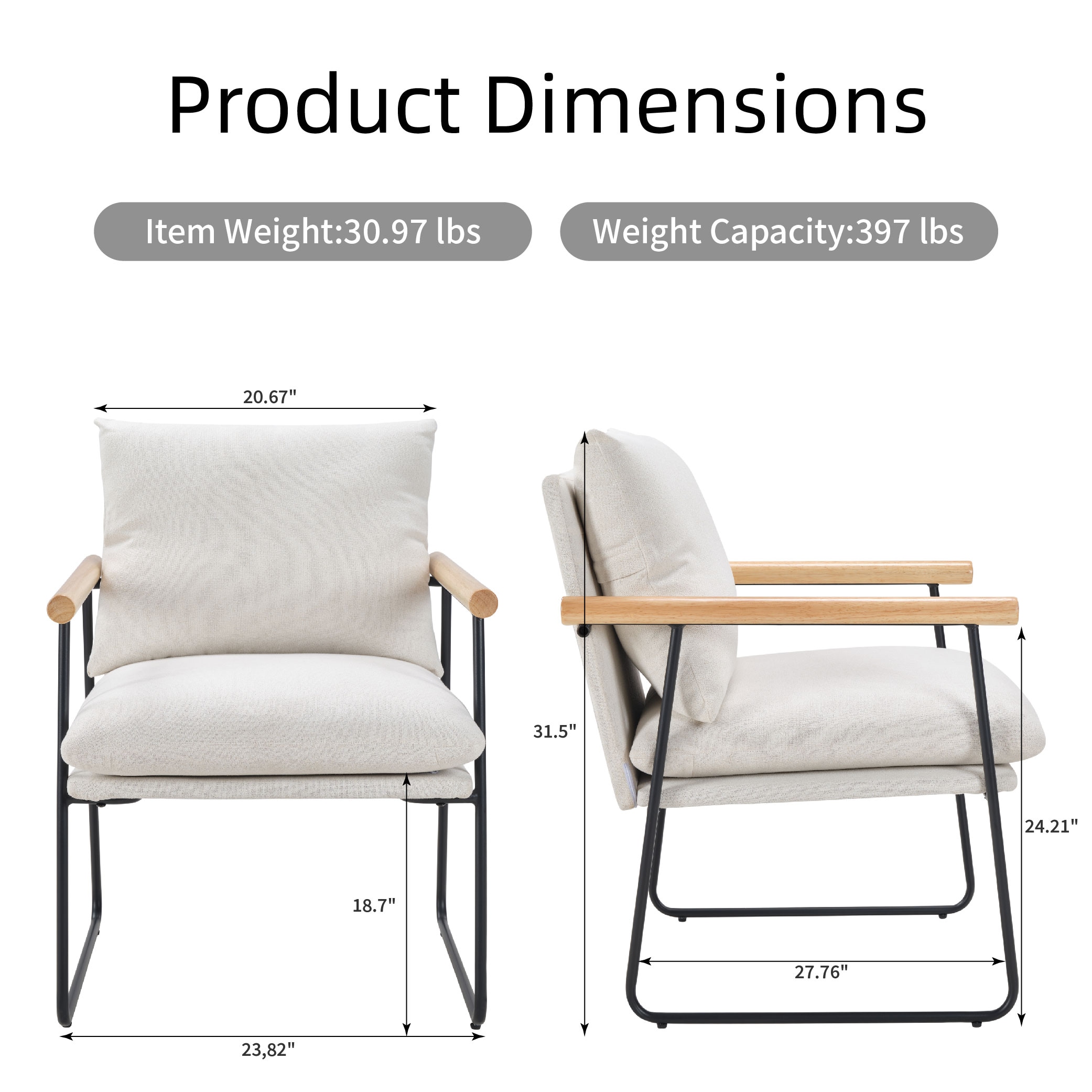 Modern Accent Chair, Comfy Chair With Removable Cushion, Vanity Chair With Wood Armrests For Living Room, Bedroom, White_voghion.com